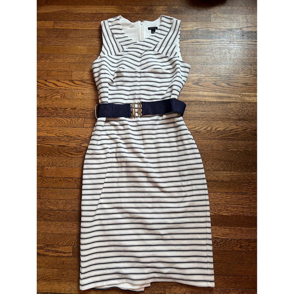 Ann Taylor Womens 6 Striped Sheath Dress Navy White Sleeveless Belted Workwear